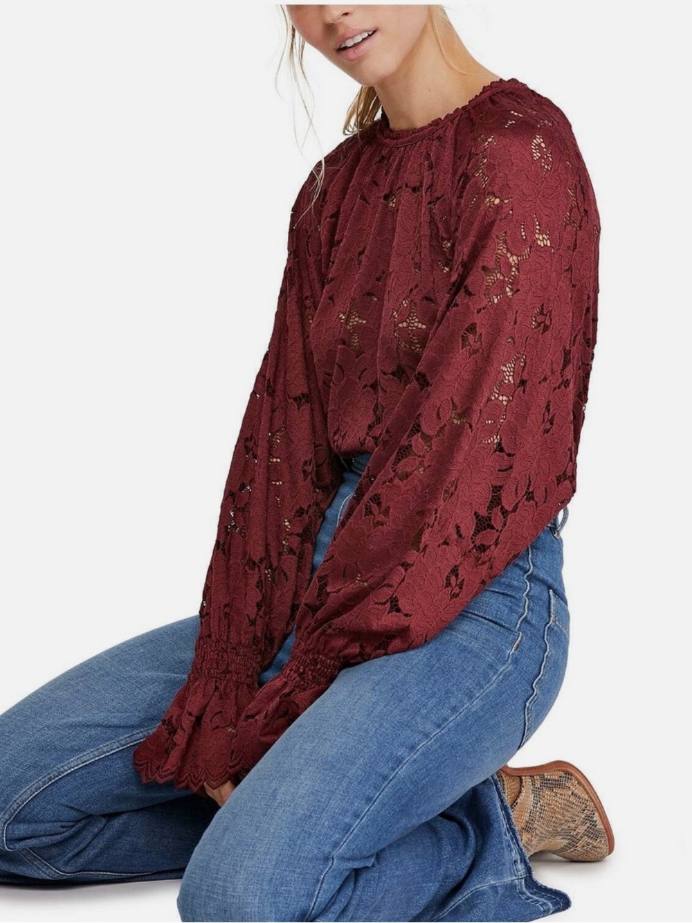 Free People Olivia Burgundy Floral Lace Balloon Sleeve Blouse